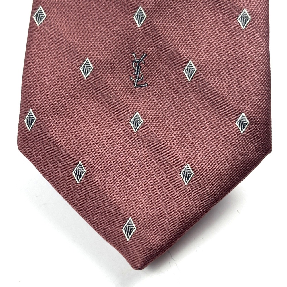 Yves Saint Laurent Tie Mens OS Burgundy Diamond Monogram Silk Necktie Designer